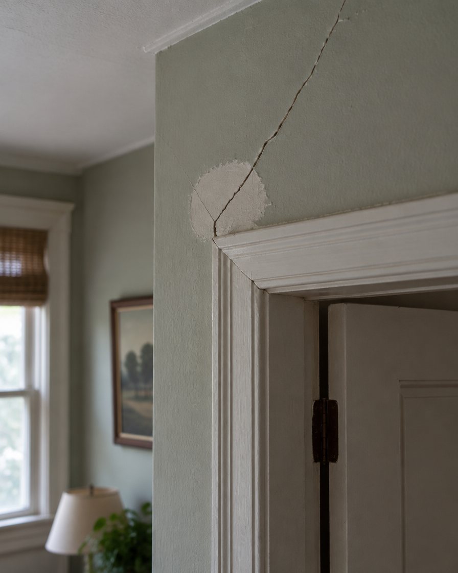 A drywall crack above an interior door frame, reopened through an old patch