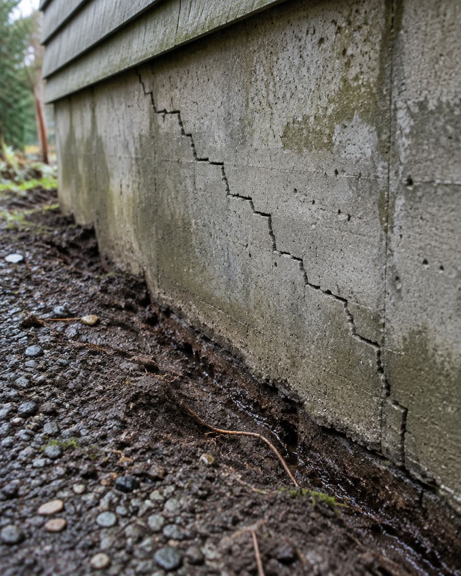 A stair-step crack running through a concrete foundation wall, with wet soil pulling away at the base