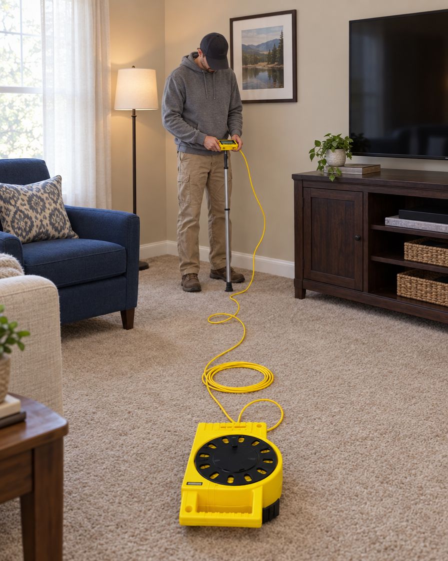 An inspector in a living room reading a zip level, the yellow reel on the carpet and the tube running to the readout on the measuring pole